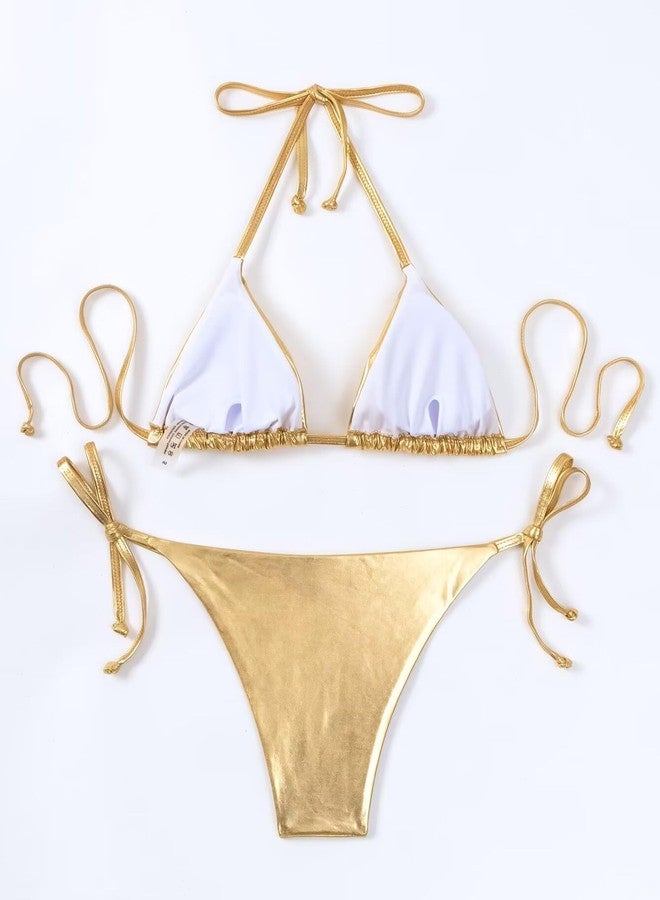 Falainetee Women's Metallic Shiny Bathing Suit High Waisted Triangle Tie Side Swimsuit Bikini Set Gold L - Image 2